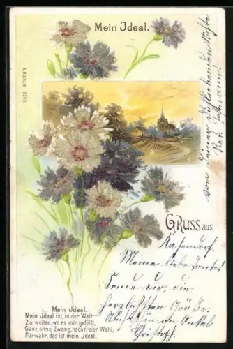 Glitzer-Perl-AK Kornblumen und idyllische Landschaft