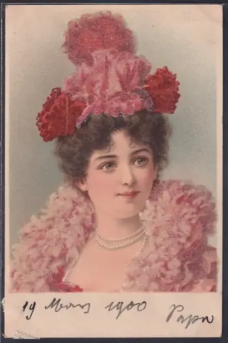 Glitzer-Perl-AK Junge Dame mit Perlenkette