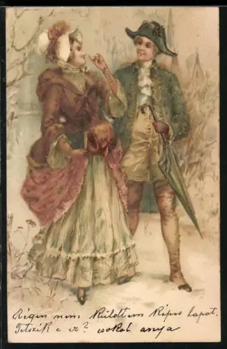 Glitzer-Perl-AK Elegante Dame und Herr mit Schirm