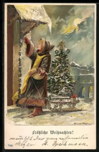 Glitzer-Perl-AK Münchner Kindl mit Weihnachtsbaum auf einem Schlitten