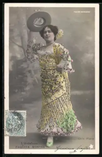 Glitzer-Perl-AK Elegante Dame lüftet ihren Hut