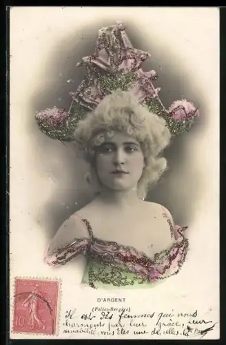 Glitzer-Perl-AK Elegante Dame mit Kopfputz