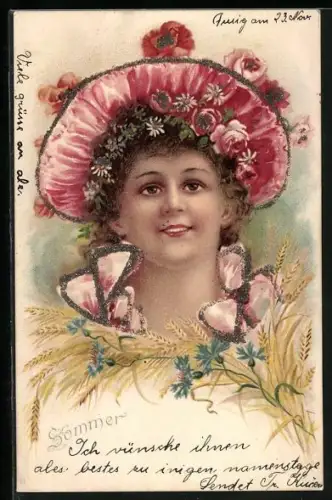 Glitzer-Perl-AK Junge Frau mit Blumen im Haar