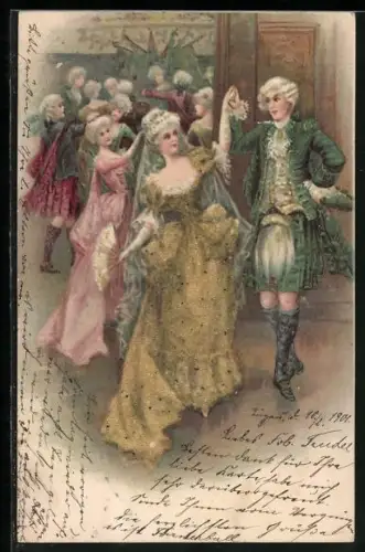 Glitzer-Perl-AK Elegante Gesellschaft beim Tanz