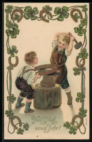 Lithographie Viel Glück im neuen Jahr!, Kleine Schmiede mit Hufeisen