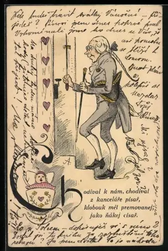 Künstler-AK Schreiber mit Dreispitz an der Türklingel, Kleinkind in Wiegenbett