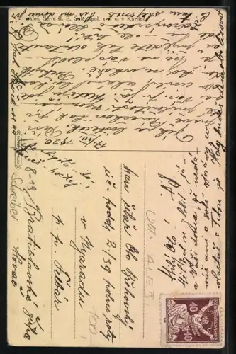 Künstler-AK Schreiber mit Dreispitz an der Türklingel, Kleinkind in Wiegenbett