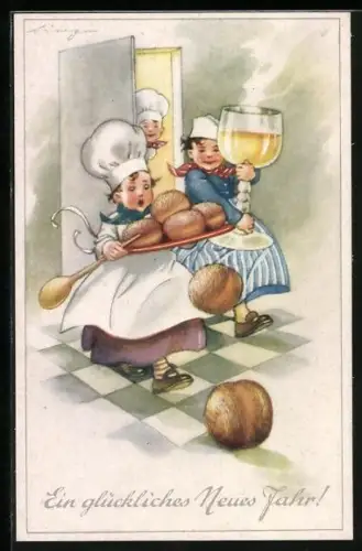 Künstler-AK Kinder mit Kochmützen mit Pfannkuchen und Neujahrsbowle