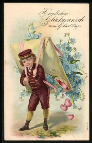 Künstler-AK Kleiner Briefträger bringt zum Namenstag einen Umschlag voller Liebe