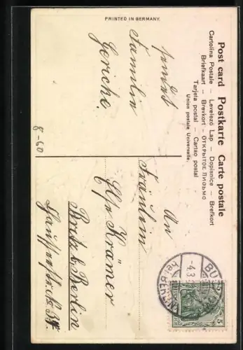 Künstler-AK Kleiner Briefträger bringt zum Namenstag einen Umschlag voller Liebe