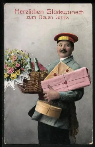 AK Bote mit Geschenken, Weinflaschen und Blumenstrauss