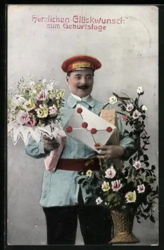 AK Bote mit Geschenken, Brief und Blumensträussen