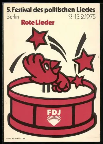 AK Berlin, 5. Festival des politischen Liedes 1975, Rote Lieder, Singvogel auf FDJ-Trommel