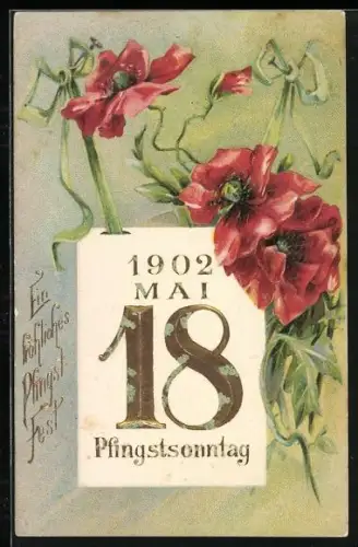 AK Pfingsten, Rote Blüten an einem Kalender