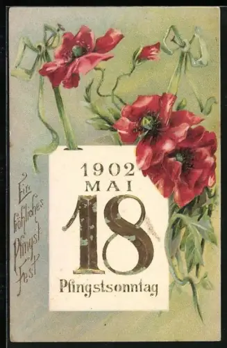AK Pfingsten, Rote Blüten an einem Kalender