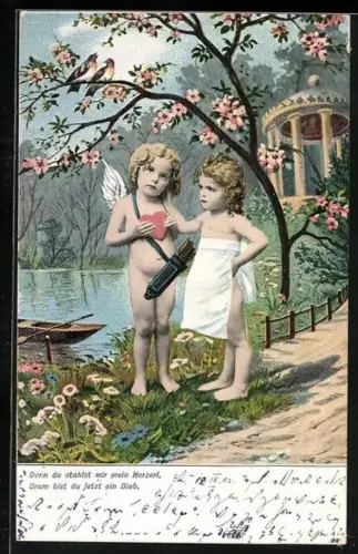 AK Amor mit Herz in der Hand