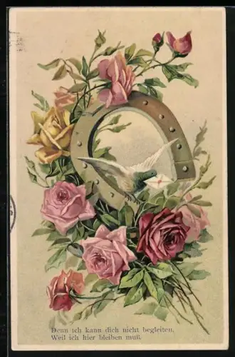 AK Gelbe, rosa und rote Rosen an Hufeisen mit weisser Taube, die einen Brief im Schnabel hält