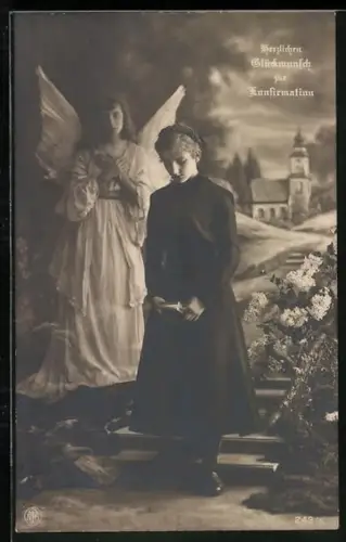 AK Mädchen wird zur Konfirmation vom Engel gesegnet