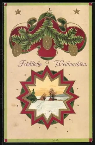 AK Weihnachtsstern und Tannenzweig mit Tannenzapfen