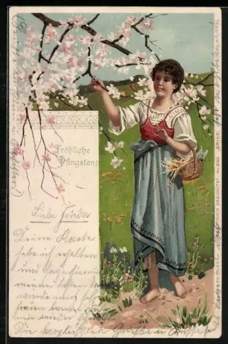 AK Junge Frau unter einem blühenden Kirschbaum, Pfingsten