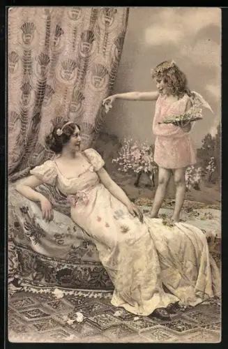 AK Engel reicht einer Frau im Kleid Blüten