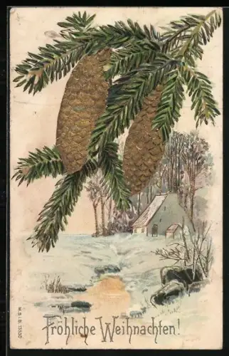 AK Tannenzweig mit Tannenzapfen, Weihnachten