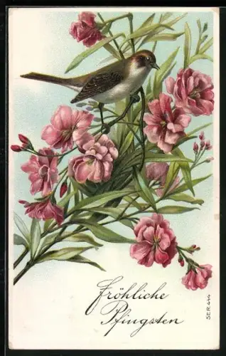 AK Vogel mit Blumen zu Pfingsten