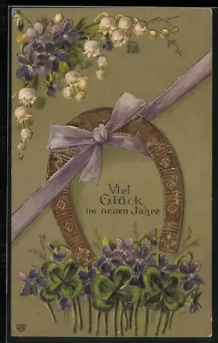 AK Hufeisen mit lila Schleife und Glücksklee