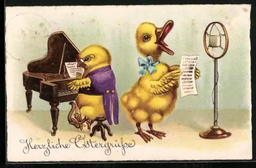 AK Osterküken singen und spielen Klavier