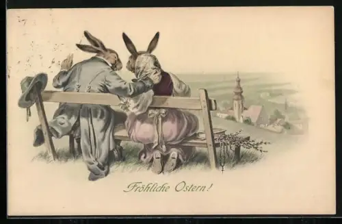AK Osterhasen auf einer Bank
