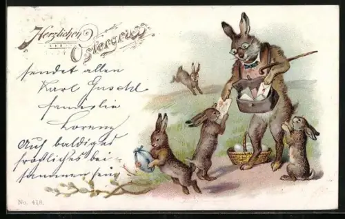AK Vermenschlichter Osterhase verteilt Briefe und Ostereier an seine jungen Helfer, Fröhliche Ostern