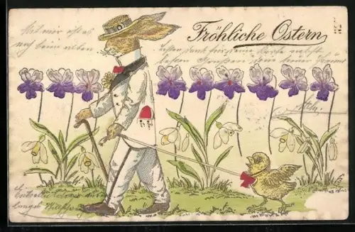 AK Osterhase geht mit Osterküken spazieren