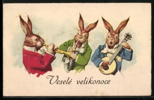 AK Osterhasen mit Trompete, Saxophon und Gitarre