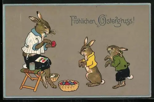 AK Fröhlicher Ostergruss, Osterhase beim Eier bemalen mit Kleinen