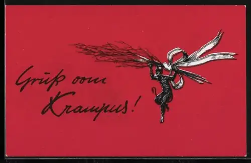 AK Krampus mit grosser Rute