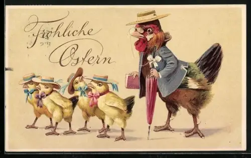 AK Osterküken mit Strohhüten