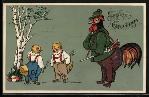 AK Osterküken mit Hahn als Jäger