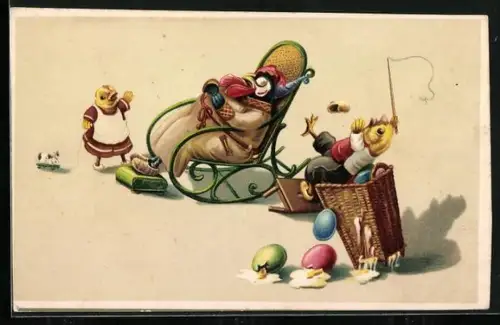 AK Osterküken zerstören Eier während der Hahn schläft