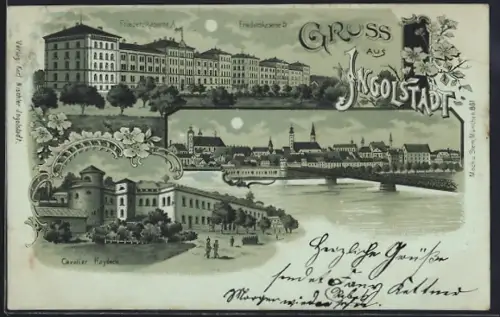 Mondschein-Lithographie Ingolstadt, Friedenskasernen A u. B, Cevalier Haydeck, Uferpartie mit Brücke
