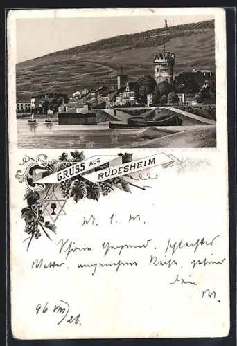 Lithographie Rüdesheim / Rhein, Partie am Rhein mit Turm