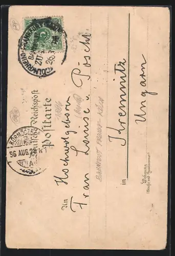 Lithographie Rüdesheim / Rhein, Partie am Rhein mit Turm