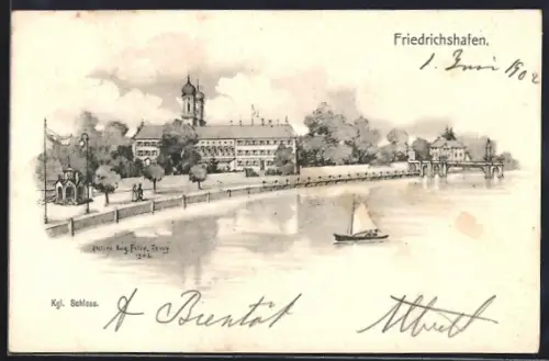 Künstler-AK Eugen Felle: Friedrichshafen, Königliches Schloss am Ufer