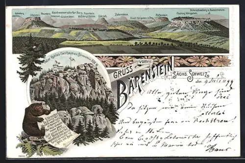Lithographie Weissig / Sächs. Schweiz, Fels & Gasthaus Bärenstein, Sächs. Schweiz-Panorama