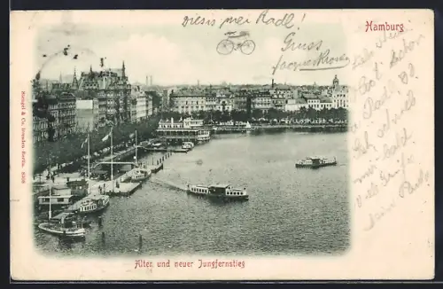 AK Hamburg, Alter und neuer Jungfernstieg aus der Vogelschau