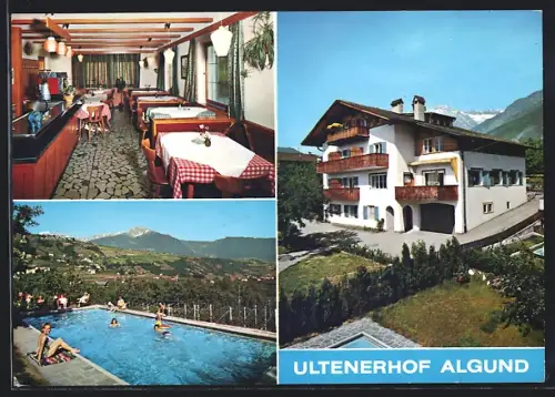 AK Algund bei Meran, Pension Ultenerhof, Inh. Familie Prosch, Pool, Speisesaal und Aussenansicht