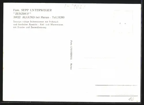 AK Algund bei Meran, Gasthaus Zenzhof, Inh. Fam. Sepp Unterweger