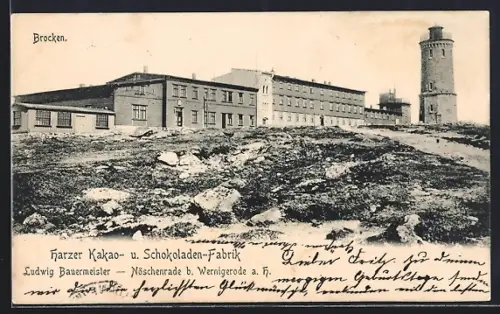AK Brocken, Gipfel mit Aussichtsturm, Reklame für die Harzer Kakao- und Schokoladen-Fabrik