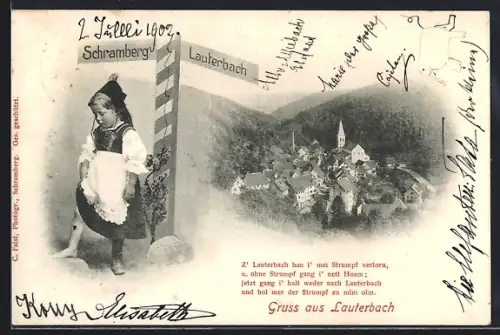 AK Lauterbach / Schramberg, Ortsmotiv, Mädchen in Tracht mit Wegweiser