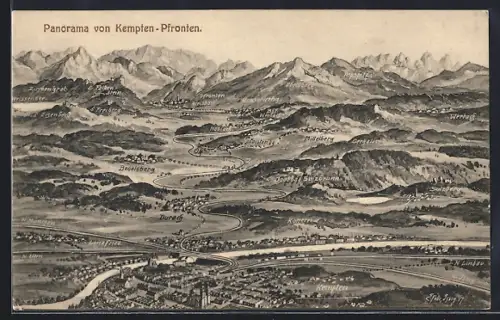 Künstler-AK Eugen Felle: Kempten / Allgäu, Panorama ins Tal