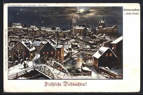 Künstler-AK Schwarzenberg / Erzgebirge, Gesamtansicht im Winter